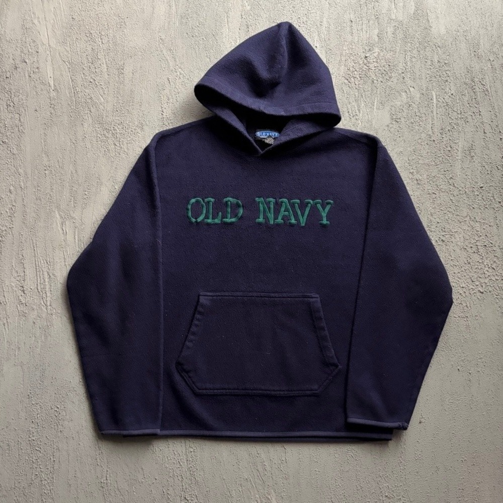 Vintage Old Navy Hoodie Large Blue 1990s Fleece Pullover Embroidered